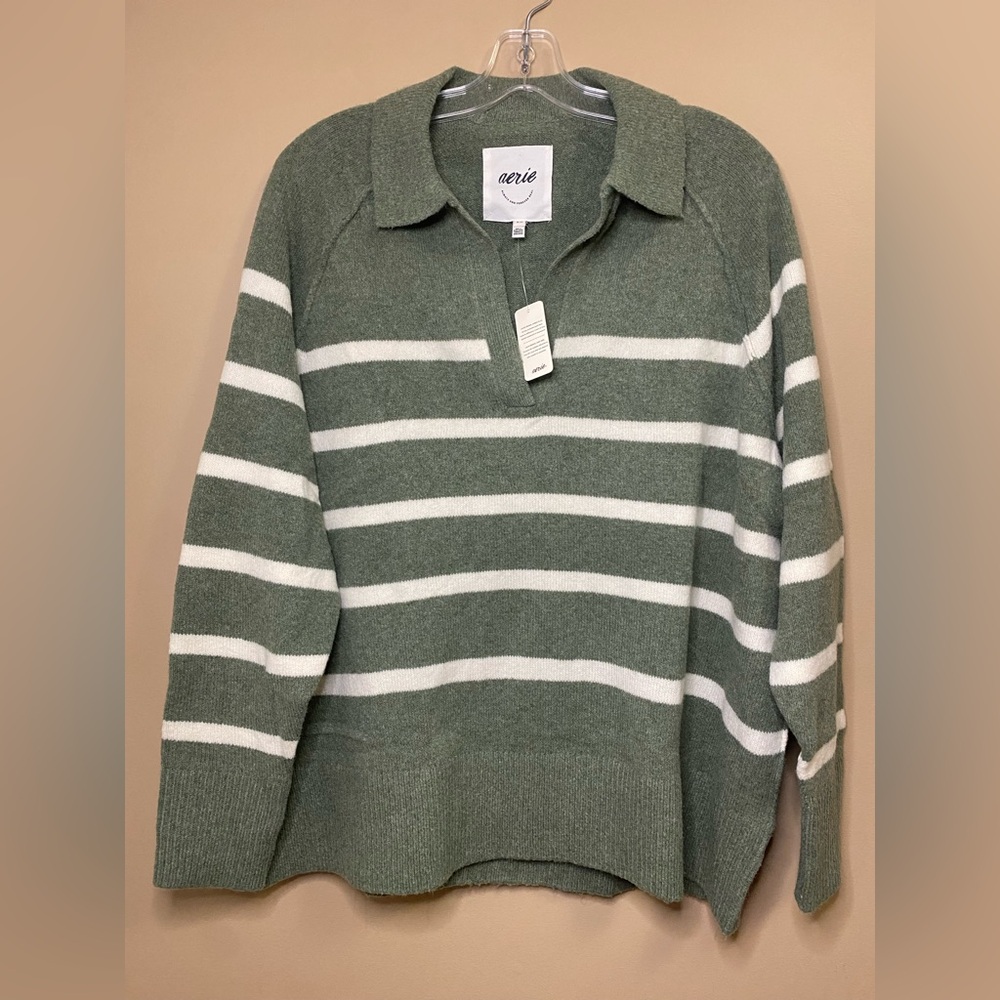 NWT AERIE Sweater Top Green Striped Long Sleeve (oversized)